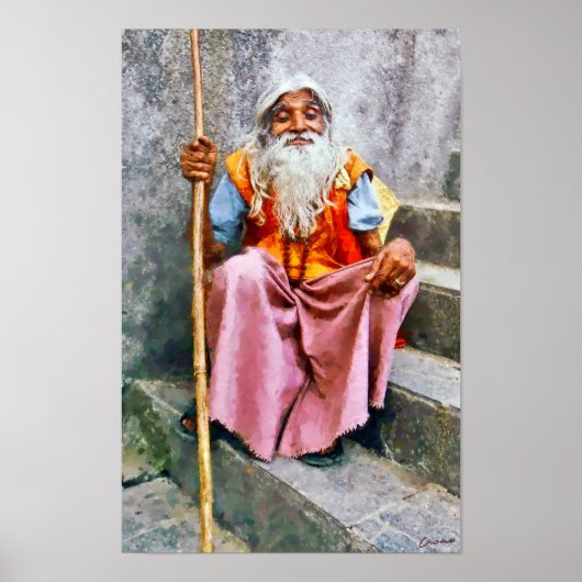 Oude Indiase man met staf Poster (Voorkant)