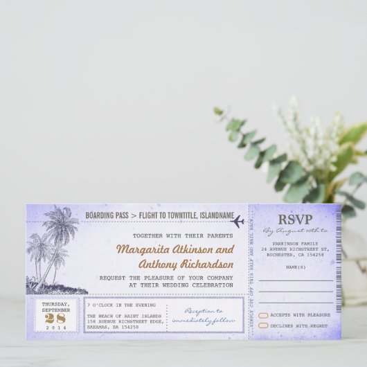 oude instapkaart vlucht bruiloft uitnodigingen met (Staand voorkant)