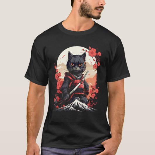 Oude Japan Oorlogsgod Ninja Kat Samurai Kitten T-shirt (Voorkant)