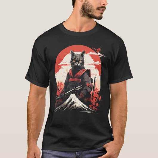 Oude Japan Oorlogsgod Ninja Kat Samurai Kitty T-shirt (Voorkant)