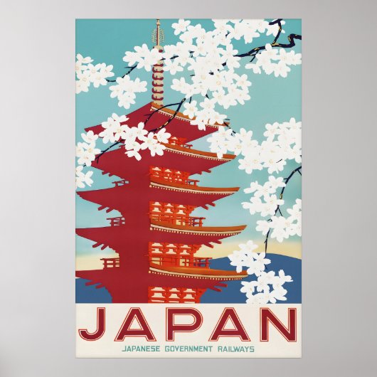 Oude Japan Reisposter Print Pagode Kersenbloesem (Voorkant)