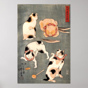 Oude Japanse 4 katten van Kuniyoshi Utagawa Poster