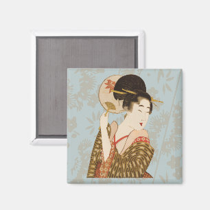 Oude Japanse Geisha-meisje in Kimono met waaier Magneet