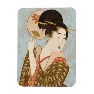 Oude Japanse Geisha-meisje in Kimono met waaier Magneet