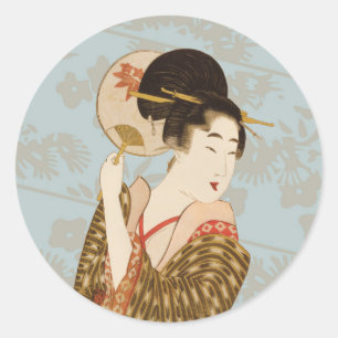 Oude Japanse Geisha-meisje in Kimono met waaier Ronde Sticker