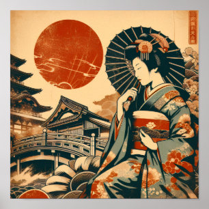 Oude Japanse Geisha Rode Zon Pagode Kunstposter Poster