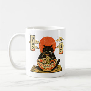 Oude Japanse Houtsnede Zwarte Kat Ramen Koffiemok