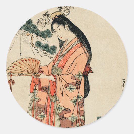Oude Japanse houttekening met vrouw Ronde Sticker (Voorkant)