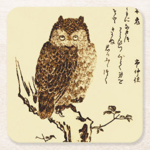 Oude Japanse inkt schets van een uil Kartonnen Onderzetters