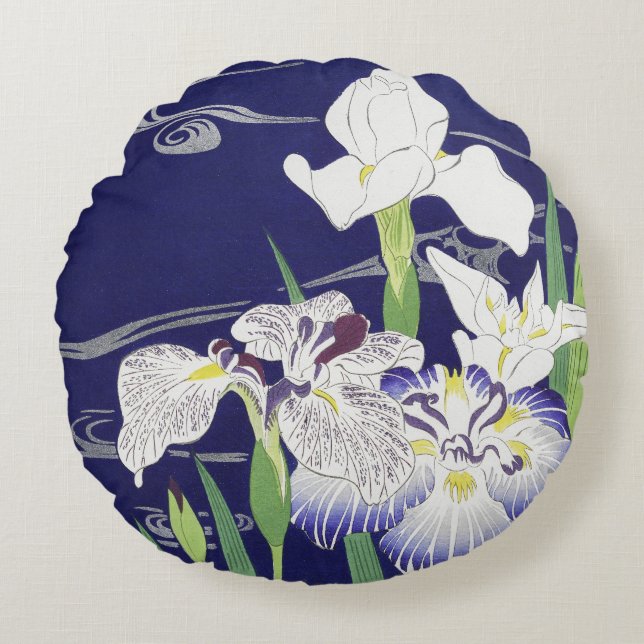 Oude Japanse Iris-kunstprint Kogyo Tsukioka Rond Kussen (Voorkant)