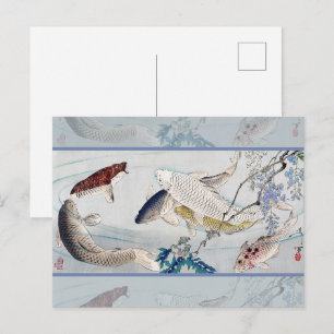 Oude Japanse Koi Vissen Kunst Paarse Blauwe Regen  Briefkaart