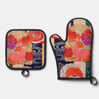 Oude Japanse Konijn Ontwerp Ovenwant & Pannenlap Set