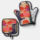 Oude Japanse Konijn Ontwerp Ovenwant & Pannenlap Set (Voorkant / Achterkant)
