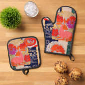 Oude Japanse Konijn Ontwerp Ovenwant & Pannenlap Set (Top down)