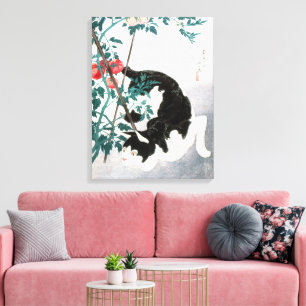 Oude Japanse Kunst Zwart Witte Kat Tomaat Canvas Afdruk