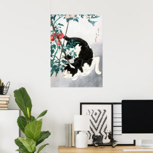 Oude Japanse Kunst Zwart Witte Kat Tomaat Poster