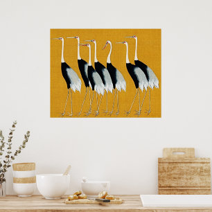 Oude Japanse poster met rode kroonkraanvogels