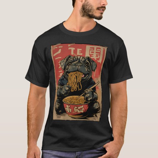 Oude Japanse pug die ramen eet T-shirt (Voorkant)