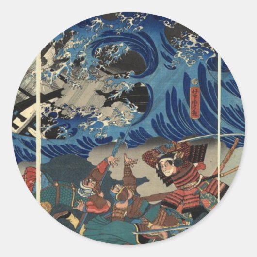 Oude Japanse schilderijen van Samurai en Mongols Ronde Sticker (Voorkant)