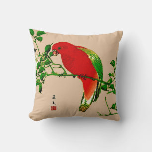 Oude Japanse Schildering van een Papegaai, Rood &  Kussen