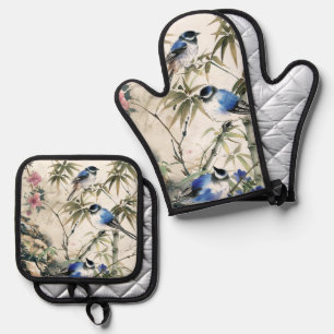 Oude Japanse Vogel Bloesem Ovenwant & Pannenlap Set