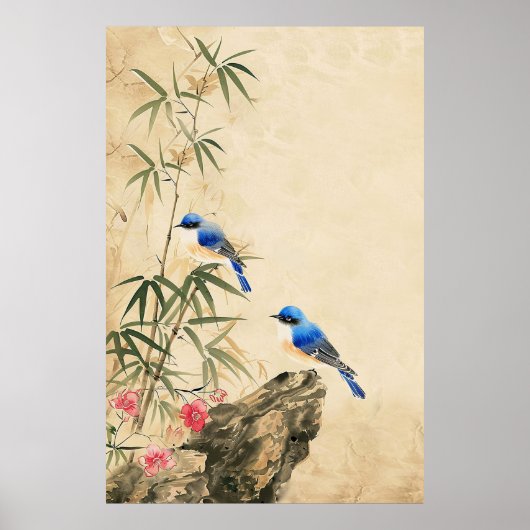 Oude Japanse Vogel Bloesem Poster (Voorkant)