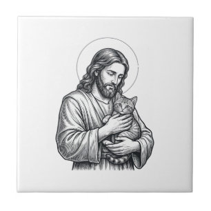 Oude Jezus houdt kat gravure afbeelding_1 Tegeltje