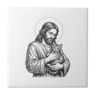 Oude Jezus houdt kat gravure afbeelding_1 Tegeltje
