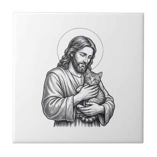 Oude Jezus houdt kat gravure afbeelding_1 Tegeltje (Voorkant)