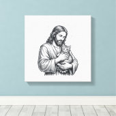 Oude Jezus met kat gravure afbeelding_1 Canvas Afdruk (Insitu (Houten vloer))