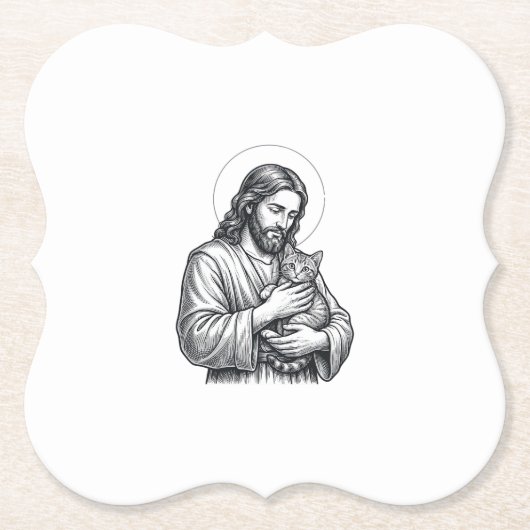 Oude Jezus met kat gravure afbeelding_1 Kartonnen Onderzetters (Voorkant)