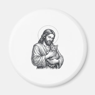Oude Jezus met kat gravure afbeelding_1 Magneet