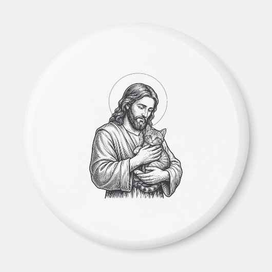 Oude Jezus met kat gravure afbeelding_1 Magneet (Voorkant)