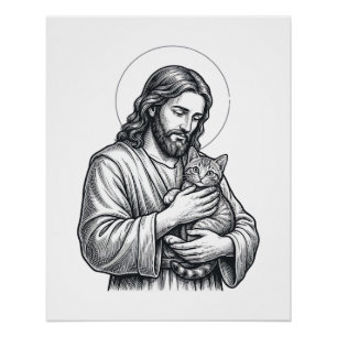 Oude Jezus met kat gravure afbeelding_1 Perfect Poster