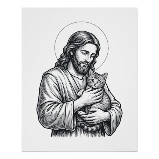 Oude Jezus met kat gravure afbeelding_1 Perfect Poster (Voorkant)