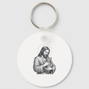 Oude Jezus met kat gravure afbeelding_1 Sleutelhanger