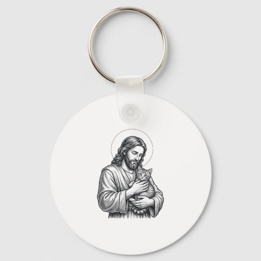 Oude Jezus met kat gravure afbeelding_1 Sleutelhanger (Voorkant)