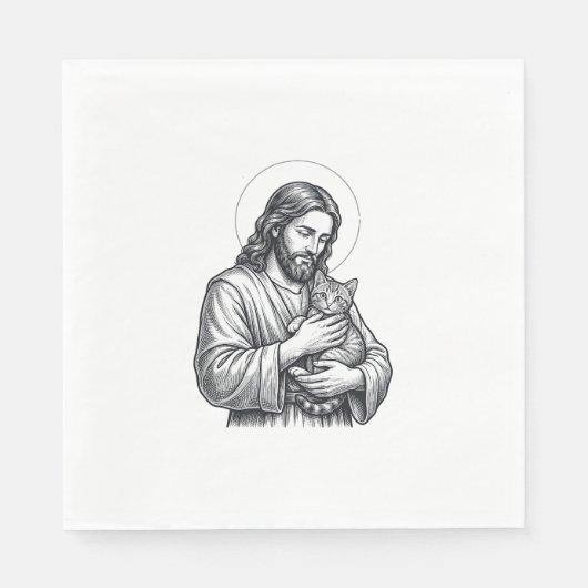 Oude Jezus met kat Gravure Grafisch_1 Servet (Voorkant)