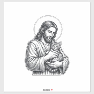 Oude Jezus met kat Gravure Grafisch_1 Sticker