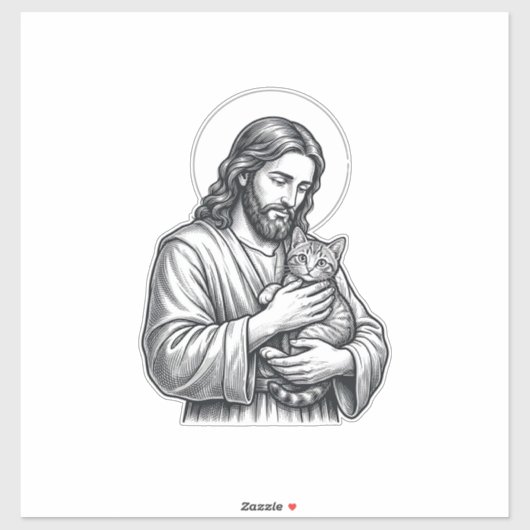 Oude Jezus met kat Gravure Grafisch_1 Sticker (Vel)