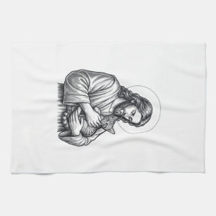 Oude Jezus met kat Gravure Grafisch_1 Theedoek