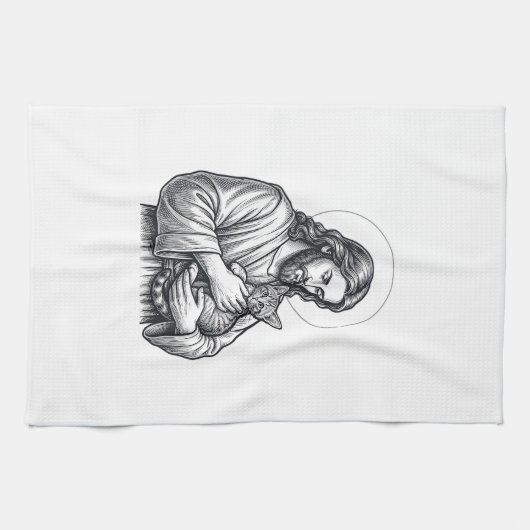 Oude Jezus met kat Gravure Grafisch_1 Theedoek (Horizontaal)