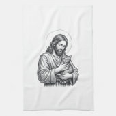 Oude Jezus met kat Gravure Grafisch_1 Theedoek (Verticaal)
