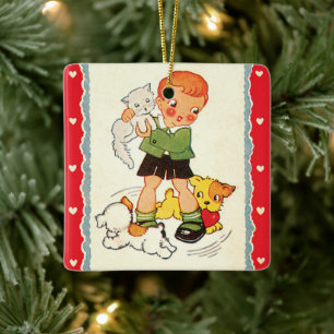 Oude jongen die een katje redt van racepuppy's keramisch ornament