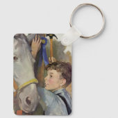 Oude jongen met zijn blauwe lint winnende paard sleutelhanger (Achterkant)