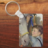 Oude jongen met zijn blauwe lint winnende paard sleutelhanger (Voorkant)