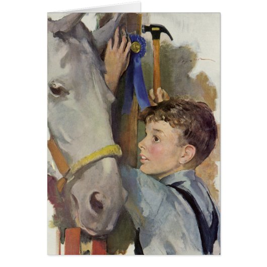 Oude jongen met zijn paard dat de blauwe lint wint (Voorkant)
