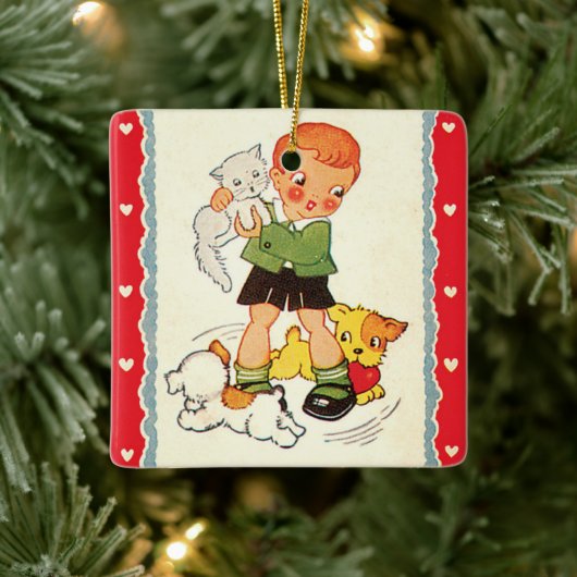 Oude Jongen Redt een Kitten van Rennende Puppies Keramisch Ornament (Boom)