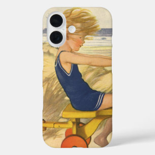 Oude jongen speelt op het strand met zand speelgoe iPhone 16 hoesje
