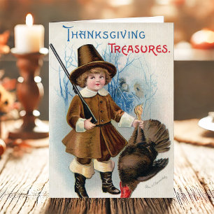 Oude Jongenspelgrim En Kalkoen Thanksgiving Feestdagen Kaart